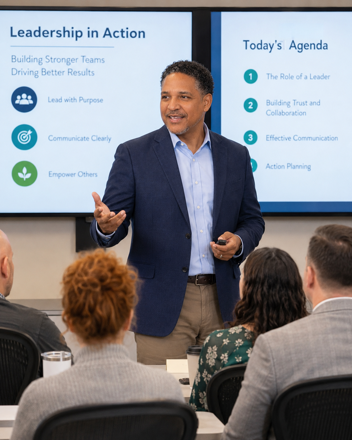 Tirso McCoy standing and presenting during a leadership training session
